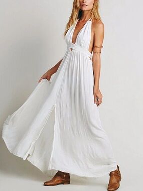 Free People Look Into The Sun Maxi Dress L | White Sheer Knit Boho